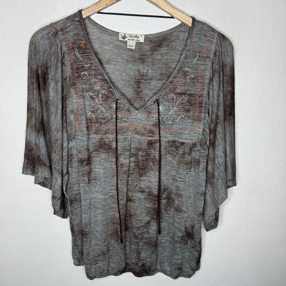 Unity World Wear Embroidered‎ V-neck Top Women's Small Tie Dye Brown Studded Tee